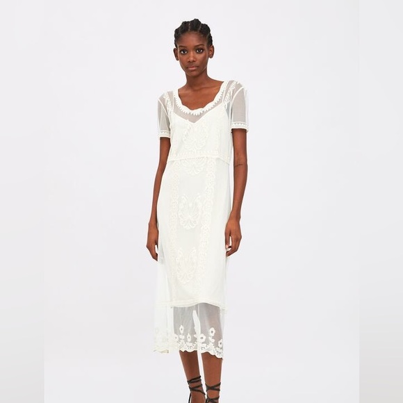 Zara Dresses Zara Off White Embroidered Lace Tulle Butterfly Flower